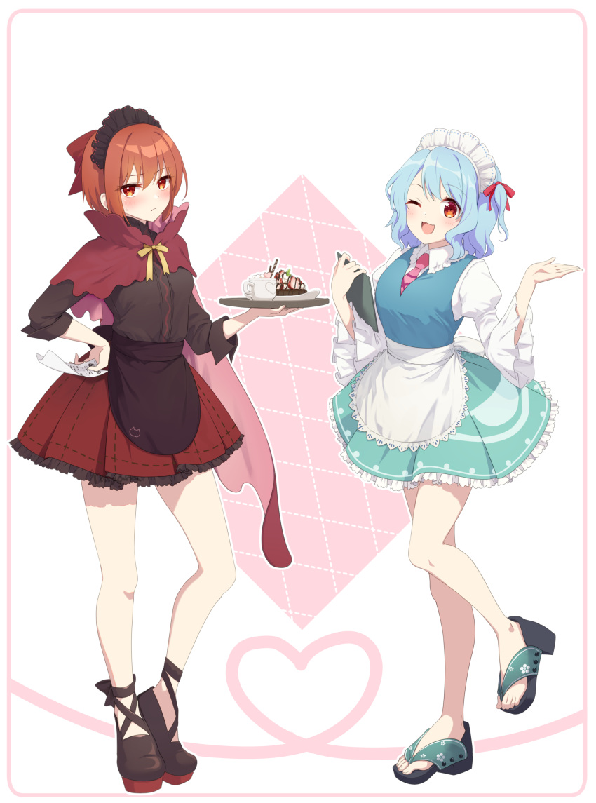 2girls :d absurdres adapted_costume alternate_costume apron aqua_skirt black_apron black_footwear black_headdress black_shirt blue_hair blue_vest blush bow cape commentary_request dessert enmaided food frilled_skirt frilled_sleeves frills fruit full_body hair_bow hand_on_own_hip hand_up heart highres holding holding_notepad holding_plate juliet_sleeves light_blue_hair long_sleeves looking_at_viewer maid maid_headdress medium_hair multiple_girls necktie nnyara notepad open_mouth pink_necktie plate puffy_sleeves receipt red_bow red_cape red_eyes red_skirt redhead sekibanki shirt short_hair skirt sleeves_past_elbows smile strawberry sweatdrop tatara_kogasa touhou vest white_apron white_headdress wide_sleeves