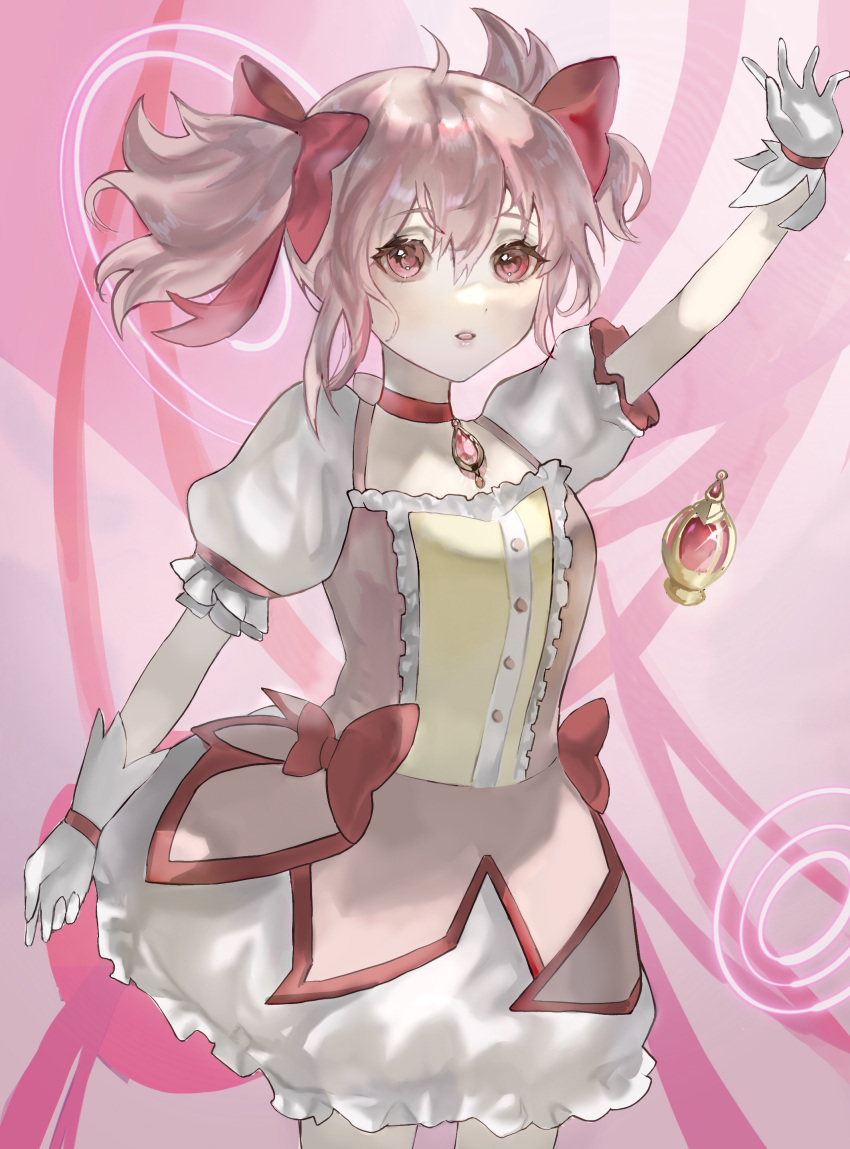 1girl absurdres bow bubble_skirt gloves hair_ribbon highres kaname_madoka magical_girl mahou_shoujo_madoka_magica mahou_shoujo_madoka_magica_(anime) pink_background pink_bow pink_eyes pink_hair pink_ribbon ribbon short_hair short_twintails skirt solo soul_gem twintails white_gloves zuuin