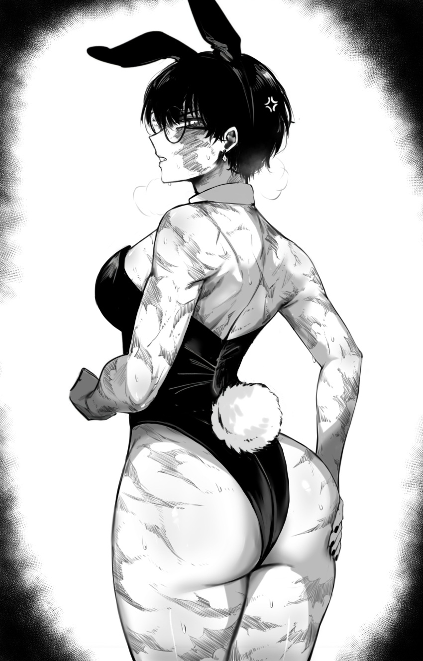 1girl absurdres anger_vein animal_ears ass ass_grab bare_shoulders black_hair burn_scar glasses greyscale highres jujutsu_kaisen looking_at_viewer monochrome playboy_bunny rabbit_ears rabbit_tail scar short_hair simple_background solo tail white_background zen'in_maki zovokia