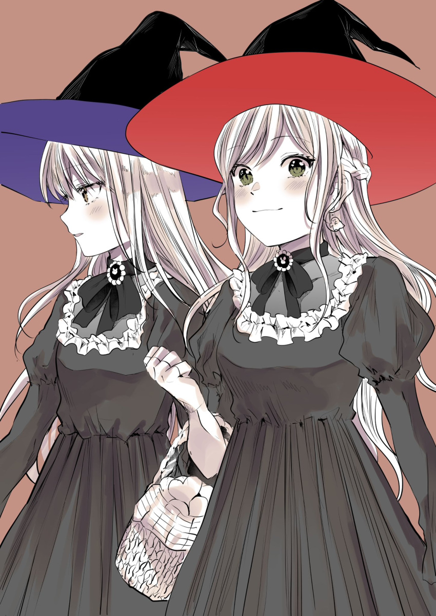 2girls :3 bang_dream! basket blush bow bowtie braid brooch brown_background brown_eyes closed_mouth commentary earrings english_commentary french_braid green_eyes hat highres imai_lisa jewelry juliet_sleeves long_hair long_sleeves looking_afar looking_at_viewer looking_to_the_side marutsukko minato_yukina mixed-language_commentary multiple_girls parted_lips puffy_sleeves simple_background smile spot_color witch_hat