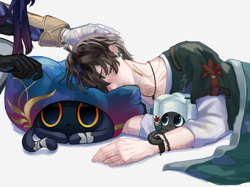 2boys aywaru bandaged_hand bandages black_cat black_gloves blade_(honkai:_star_rail) blade_(sesame_cake)_(honkai:_star_rail) blanket cat closed_eyes closed_mouth collarbone critter_pick_(honkai:_star_rail) dan_heng_(feast)_(honkai:_star_rail) dan_heng_(honkai:_star_rail) dan_heng_(rice_dumpling)_(honkai:_star_rail) gloves green_blanket green_shirt grey_pants hair_between_eyes hand_on_another's_head highres honkai:_star_rail honkai_(series) leaf long_hair lying maple_leaf multiple_boys out_of_frame pants shirt short_hair simple_background single_glove sleeping solo_focus