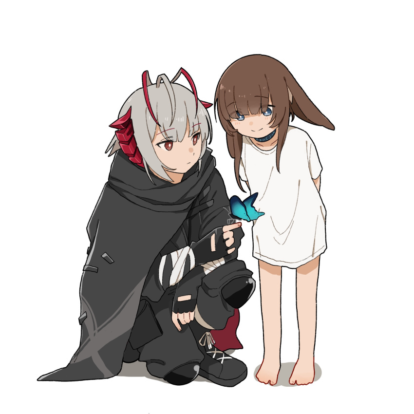 2girls amiya_(arknights) animal_ears arknights arms_behind_back bandaged_arm bandages black_cape blue_butterfly blue_eyes brown_hair bug butterfly cape child demon_horns fingerless_gloves gloves hand_up highres horns infection_monitor_(arknights) knee_up multiple_girls pe3075 rabbit_ears rabbit_girl red_eyes red_horns shirt short_hair short_sleeves smile w_(arknights) white_background white_hair white_shirt
