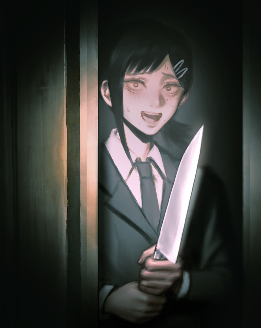 1girl absurdres black_eyes black_hair black_necktie black_suit chainsaw_man chinese_commentary commentary constricted_pupils czy_(2894456992) hair_ornament hairclip higashiyama_kobeni highres holding holding_knife knife mole mole_under_mouth necktie nervous_sweating open_mouth smile solo suit sweat upper_body