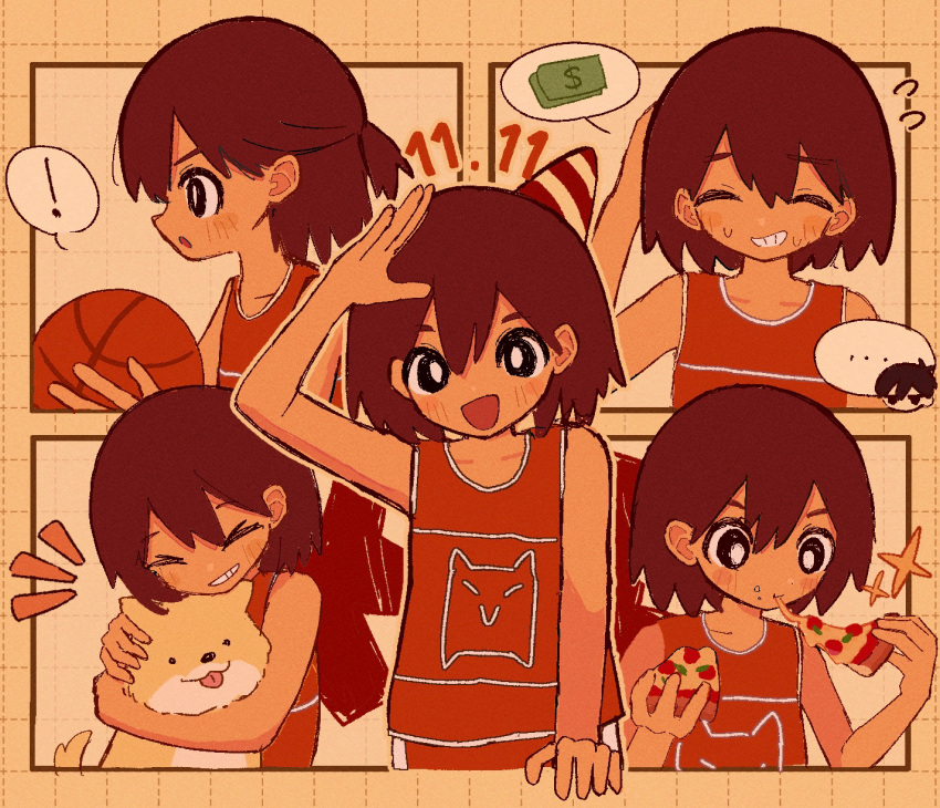 ! ... 1boy alternate_hairstyle ball basketball_(object) black_eyes bright_pupils brown_hair closed_eyes dog eating flying_sweatdrops food grin hair_between_eyes hat hector_(omori) highres holding holding_food holding_pizza kel_(faraway)_(omori) kel_(omori) looking_at_viewer medium_hair money omori open_mouth orange_tank_top party_hat pizza pizza_slice ponytail shirt sleeveless sleeveless_shirt smile solo sunny_(omori) sweat sweatdrop tan tank_top user_yprm7442 white_pupils