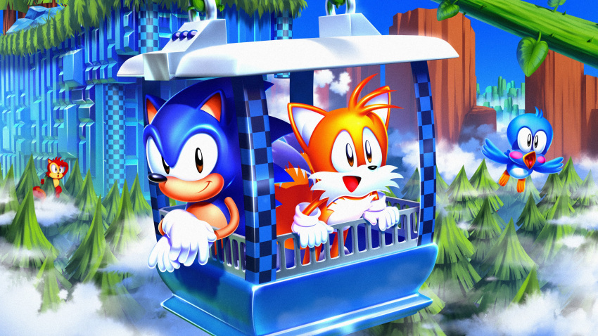 2boys absurdres animal_ears chairlift flicky_(character) fox_ears fox_tail gloves highres hill_top_zone in-universe_location mountain multiple_boys nature official_art pine_tree sonic_(series) sonic_the_hedgehog sonic_the_hedgehog_(classic) sonic_the_hedgehog_2 tail tails_(sonic) tree tripplejaz white_gloves wings