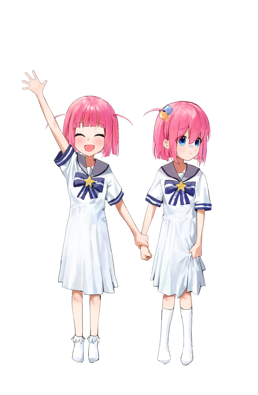 2girls :d absurdres aged_down arm_up blue_eyes blunt_bangs bocchi_the_rock! closed_eyes clothes_grab cube_hair_ornament dress full_body gotoh_futari gotoh_hitori grey_sailor_collar hair_between_eyes hair_ornament highres holding_another's_wrist kneehighs kosubi_(tsuneta328) multiple_girls one_side_up pink_hair sailor_collar sailor_dress short_hair short_sleeves siblings simple_background sisters skirt_grab smile socks two_side_up white_background white_socks