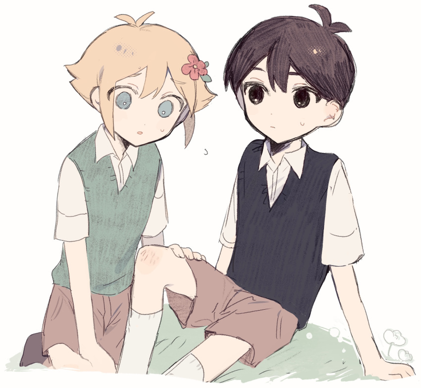 2boys absurdres antenna_hair aqua_eyes basil_(faraway)_(omori) basil_(omori) black_eyes black_hair black_sweater_vest blonde_hair bright_pupils brown_shorts closed_mouth collared_shirt expressionless flower green_sweater_vest hair_between_eyes hair_flower hair_ornament hand_on_another's_thigh hand_on_ground highres looking_at_another multiple_boys omori on_ground parted_lips red_flower shirt short_hair short_sleeves shorts simple_background sippudayo sitting socks sunny_(omori) sweat sweatdrop sweater_vest white_pupils white_shirt white_socks