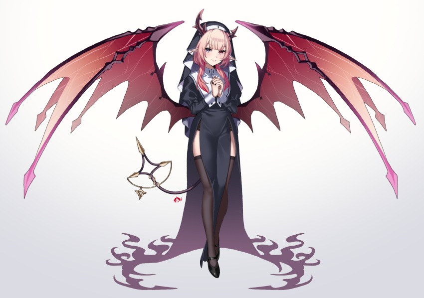 1girl black_dress blonde_hair blue_eyes demon_girl demon_horns demon_tail demon_wings dress full_body gradient_background grey_background habit heterochromia highres horns long_hair madiix012 nail_polish nun original own_hands_together pointy_ears puffy_sleeves red_eyes solo standing tail thigh-highs wings