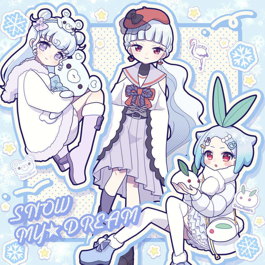 3girls alternate_costume alternate_hair_color bird blue_background blue_footwear blunt_bangs boots bow closed_mouth coat crane_(animal) double_bun full_body fur-trimmed_boots fur-trimmed_coat fur_trim green_bow grey_sailor_collar grey_skirt group_name hair_bun hair_ornament highres hugging_object idol_time_pripara knees_up koda_michiru kokichi_yoko leaf_hair_ornament long_hair long_sleeves looking_at_viewer low_ponytail miichiru_(pripara) multiple_girls nijiiro_nino open_mouth outline own_hands_together pleated_skirt pretty_series pripara red_eyes sailor_collar scarf skirt smile snow_rabbit snowflakes star_(symbol) stuffed_animal stuffed_toy teddy_bear thigh-highs very_long_hair violet_eyes white_coat white_hair white_outline white_scarf white_thighhighs wide_sleeves winter_clothes yumekawa_yui