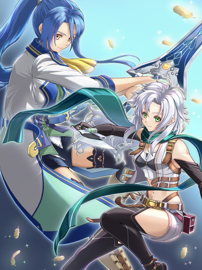 2girls belt_pouch black_gloves black_thighhighs blue_hair boots chiga_akira coat crop_top cropped_jacket eiyuu_densetsu elbow_gloves falling_feathers feathers fie_claussell floating_hair gloves green_eyes gunblade highres holding holding_weapon huge_weapon laura_s._arseid long_hair looking_at_viewer multiple_girls ponytail pouch scarf sen_no_kiseki sen_no_kiseki_iii shorts sidelocks smile sword thigh-highs weapon white_hair yellow_eyes