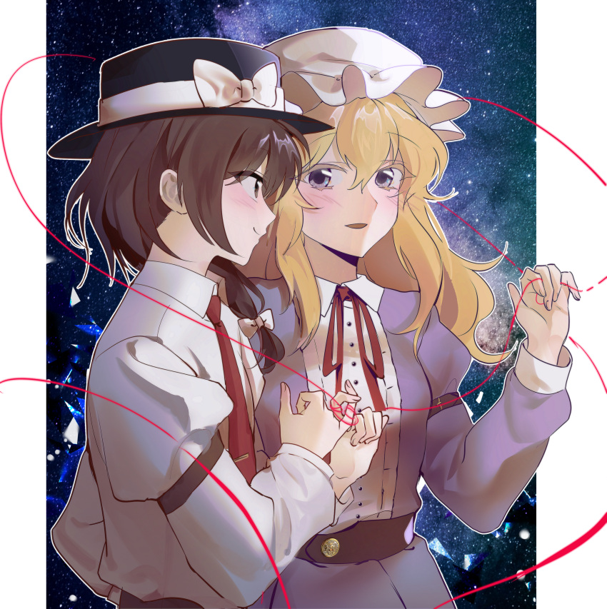 2girls absurdres blonde_hair blush bow brown_eyes brown_hair dress hat hat_bow highres long_hair looking_at_another maribel_hearn mob_cap multiple_girls necktie parted_lips school_uniform sky smile space star_(sky) starry_sky string string_of_fate touhou usami_renko violet_eyes yoi_(user_auxa3535) yuri