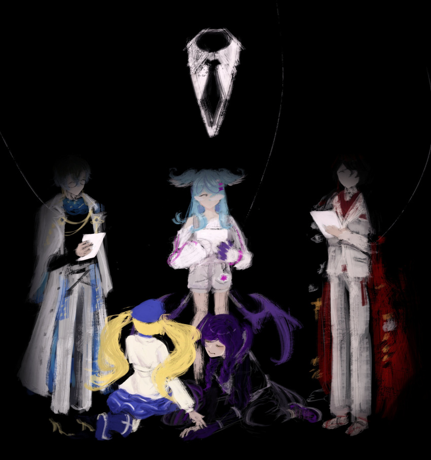 2boys 3girls ^_^ absurdres all_fours black_background black_hair blonde_hair blue_hair cape capelet closed_eyes commentary dokibird_(vtuber) elira_pendora english_commentary glasses grey_hair hair_over_one_eye hat head_wings highres ike_eveland indie_virtual_youtuber medium_hair multiple_boys multiple_girls necktie nijisanji nijisanji_en overalls pants purple_hair selen_tatsuki short_twintails string suit twintails vessel4rt vox_akuma white_capelet white_pants wings