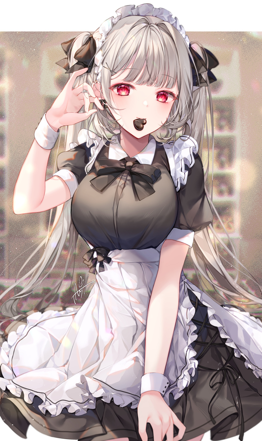 1girl absurdres apron black_bow black_dress blurry blurry_background bow breasts candy chocolate collared_dress commentary_request depth_of_field dress food food_in_mouth frilled_apron frills grey_hair hair_intakes hand_up heart heart-shaped_chocolate highres long_hair looking_at_viewer maid maid_headdress medium_breasts mouth_hold original puffy_short_sleeves puffy_sleeves red_eyes short_sleeves sidelocks solo taya_oco twintails very_long_hair white_apron