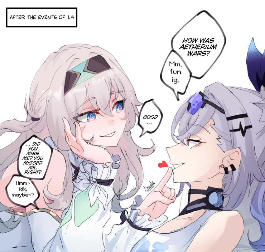 2girls :d akashicelegy bare_shoulders black_hairband blue-tinted_eyewear blue_bow blue_eyes blue_pupils bow detached_sleeves english_text eye_contact eyewear_on_head firefly_(honkai:_star_rail) grey_eyes grey_hair grin hair_between_eyes hair_bow hair_intakes hairband hand_on_another's_face hand_on_own_cheek hand_on_own_face head_rest heart highres honkai:_star_rail honkai_(series) long_hair long_sleeves looking_at_another multiple_girls one_side_up open_mouth pink_eyes sidelocks signature silver_wolf_(honkai:_star_rail) simple_background smile sunglasses tank_top teeth tinted_eyewear two-tone_eyes white_background white_sleeves white_tank_top yuri