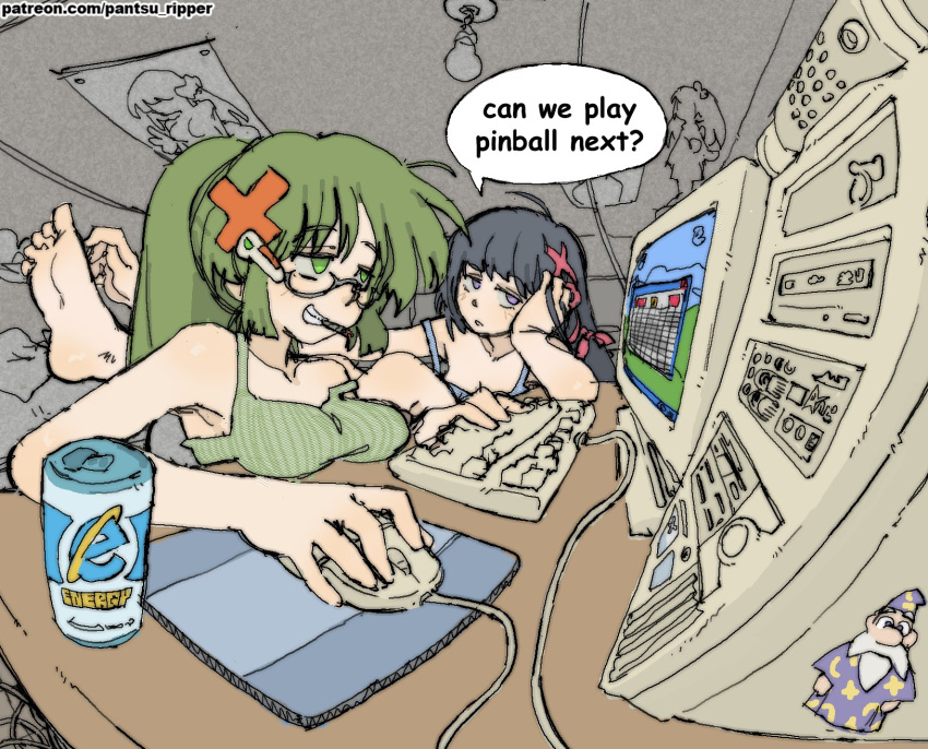2girls arm_support black_hair breasts character_request desk fisheye green_eyes green_hair grin hair_ornament half-closed_eyes headset highres holding_mouse_(computer) indoors internet_explorer joint_(drug) leg_up medium_breasts monitor mouse_(computer) mousepad_(object) multiple_girls original pantsu-ripper personification perspective semi-rimless_eyewear smile soles toes violet_eyes windows_desktop windows_xp wizard x_hair_ornament