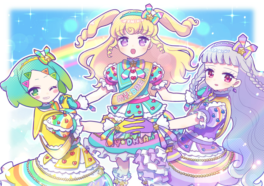 3girls :d blonde_hair blue_background blue_dress blue_hair blue_hairband blunt_bangs blush border bow braid commentary_request cowboy_shot dress earrings gradient_hair green_eyes green_hair grey_hair hair_bow hairband highres holding_hands idol_clothes idol_time_pripara jewelry koda_michiru kokichi_yoko long_hair looking_at_viewer miichiru_(pripara) multicolored_hair multiple_girls nijiiro_nino one_eye_closed open_mouth outline outstretched_arms pretty_series pripara puffy_short_sleeves puffy_sleeves purple_dress purple_hairband rainbow red_eyes ringlets short_hair short_sleeves smile sparkle spread_arms standing twin_braids two_side_up very_long_hair violet_eyes wavy_hair white_border white_outline yellow_dress yellow_hairband yumekawa_yui