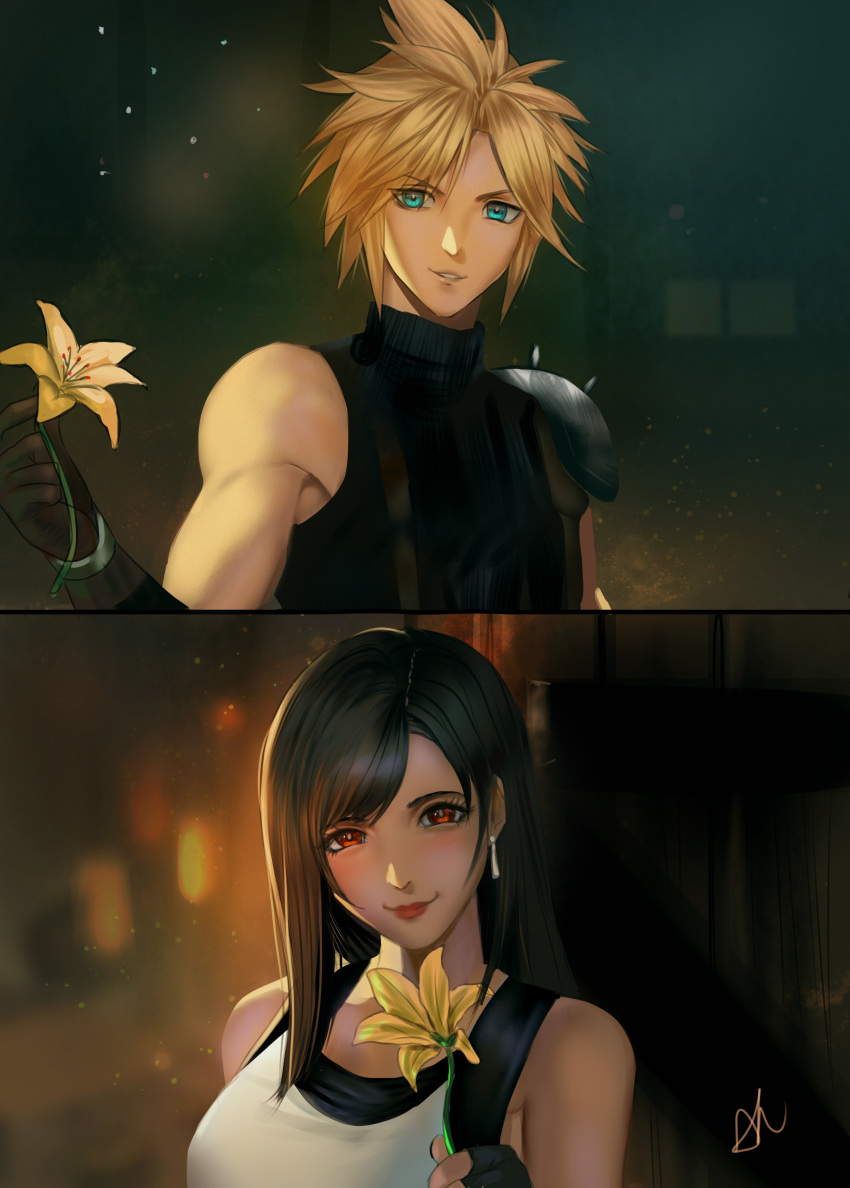 1boy 1girl absurdres arialla_draws armor bare_shoulders black_gloves black_hair blonde_hair blue_eyes blurry blurry_background breasts cloud_strife commentary couple earrings english_commentary final_fantasy final_fantasy_vii final_fantasy_vii_remake fingerless_gloves flower gloves highres holding holding_flower jewelry large_breasts light_blush long_hair looking_at_viewer night night_sky parted_lips pov red_eyes red_lips short_hair shoulder_armor signature single_bare_shoulder single_earring sky sleeveless sleeveless_turtleneck smile spiky_hair suspenders sweater swept_bangs tank_top teardrop_earrings tifa_lockhart turtleneck turtleneck_sweater upper_body white_tank_top yellow_flower