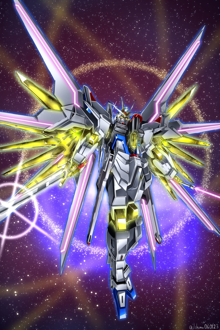 beam_saber dual_wielding energy_sword glowing glowing_eyes gundam gundam_seed gundam_seed_freedom highres holding holding_sword holding_weapon katana light_particles mecha mighty_strike_freedom_gundam mobile_suit no_humans robot science_fiction shimashun solo sparkle sword v-fin weapon yellow_eyes