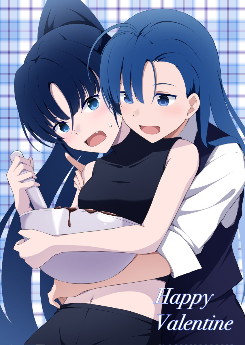 2girls ado_(utaite) asymmetrical_bangs black_shirt blue_eyes blue_hair blue_pants blue_vest bowl breasts chocolate_making cloud_nine_inc commentary_request corrupted_twitter_file crop_top fang happy_valentine highres holding holding_bowl hug hug_from_behind long_hair merry_(ado) midriff multiple_girls naima_(ado) navel nori_(norinori_yrl) open_mouth pants parted_bangs ponytail readymade_(ado) shirt sleeveless sleeveless_shirt sleeves_past_elbows small_breasts sweatdrop usseewa valentine vest voice_actor_connection white_shirt yuri