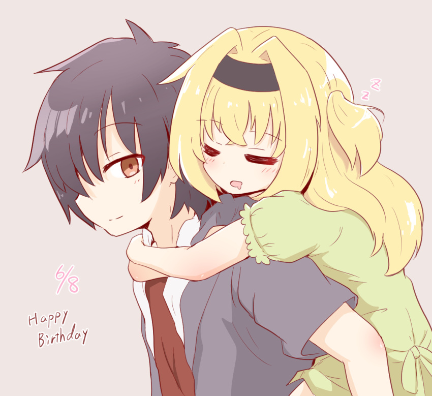 1boy 1girl =_= arms_around_neck black_hair blonde_hair blush brother_and_sister brown_eyes carrying casual chitose_haruki chitose_sana closed_eyes commentary_request crossed_bangs dated dress drooling from_side green_dress hair_between_eyes hair_intakes hakutocake happy_birthday hug hug_from_behind light_brown_background long_hair looking_at_viewer looking_back mouth_drool necktie open_mouth piggyback profile red_necktie short_hair short_sleeves siblings simple_background sleeping smile spiky_hair tenshinranman two_side_up upper_body zzz