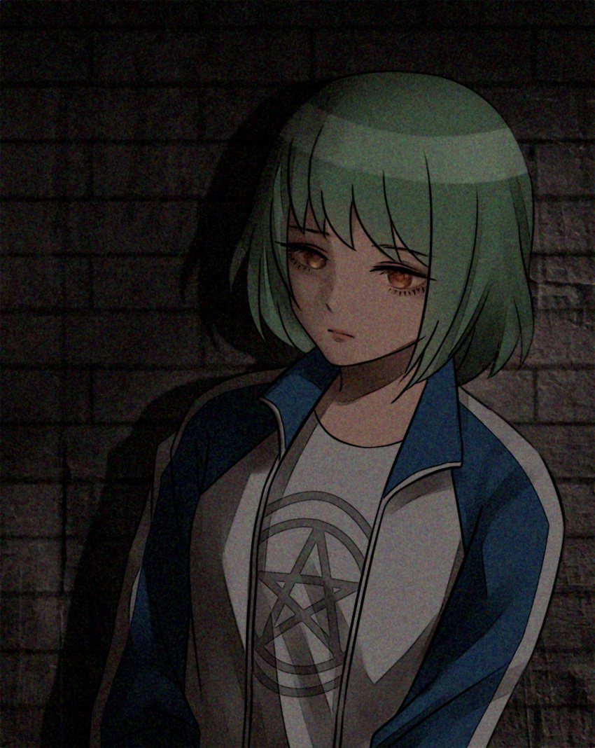 1girl absurdres brick_wall brown_eyes chinese_commentary commentary_request czy_(2894456992) expressionless film_grain green_hair highres jacket medium_hair multicolored_clothes multicolored_jacket original solo star_(symbol) two-tone_jacket upper_body