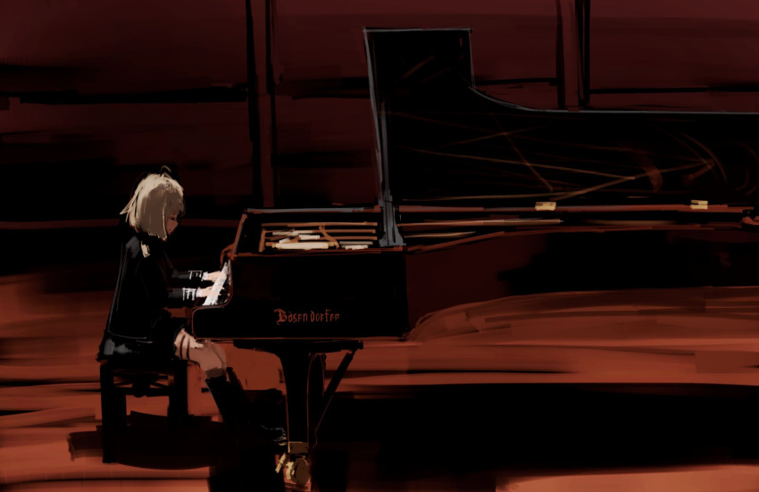 1girl akitaka_takaaki black_footwear blonde_hair boots closed_eyes german_clothes girls_frontline grand_piano highres historical_connection instrument military military_uniform mp40_(girls'_frontline) music nazi piano playing_instrument playing_piano simple_background thigh_strap uniform