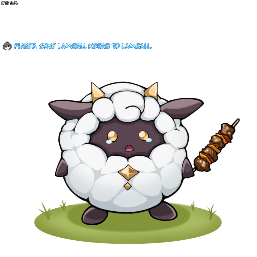 1other english_commentary english_text food full_body grass highres holding holding_food horns kebab lamball palworld simple_background soleisskatsu standing tearing_up white_background wool