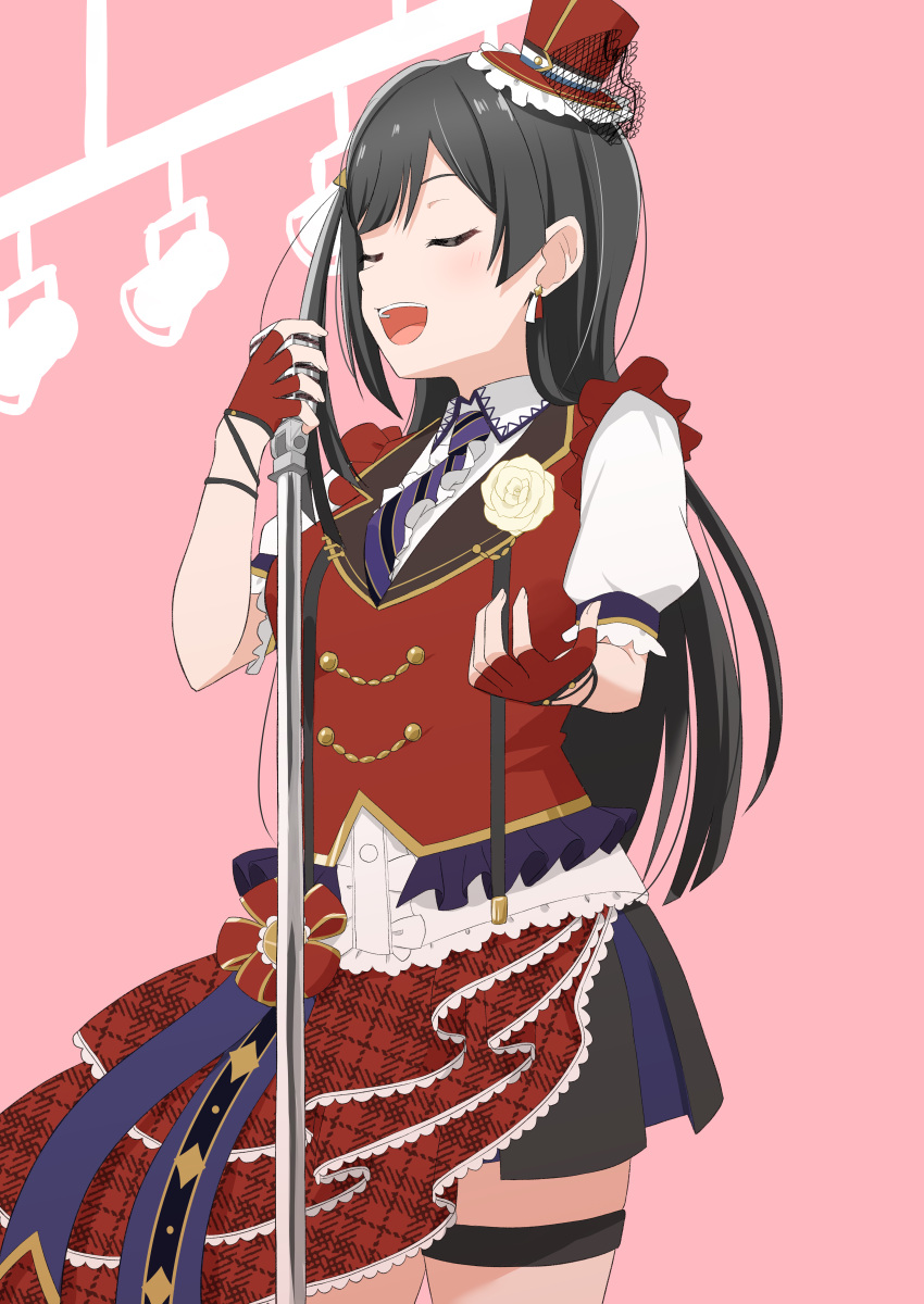 1girl absurdres black_hair black_shorts chase!_(love_live!) closed_eyes commentary earrings fingerless_gloves gloves hair_ornament hat highres holding holding_microphone jacket jewelry love_live! love_live!_nijigasaki_high_school_idol_club microphone microphone_stand mini_hat music one_side_up open_mouth orinasu pink_background red_gloves red_headwear red_jacket red_skirt short_sleeves shorts sidelocks singing skirt solo suspenders symbol-only_commentary teeth tilted_headwear upper_body upper_teeth_only yuuki_setsuna_(love_live!)