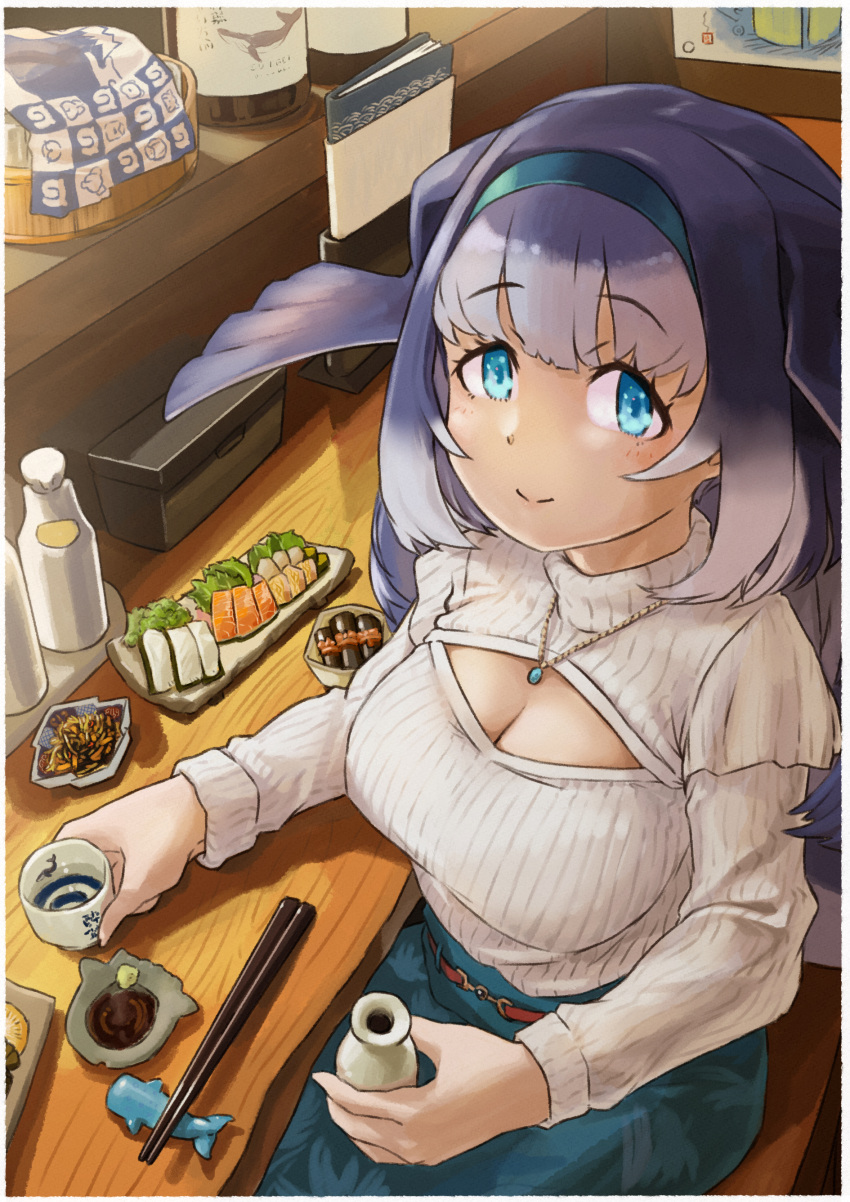 1girl absurdres blue_eyes blue_hair blue_skirt blue_sweater blush bottle casual cleavage_cutout clothing_cutout fins floral_print food frilled_sleeves frills hair_between_eyes hairband head_fins highres jewelry kemono_friends kemono_friends_3 long_hair long_sleeves looking_at_viewer multicolored_hair necklace official_alternate_costume pencil_skirt print_skirt sake_bottle sidelocks sitting skirt smile solo steller's_sea_cow_(kemono_friends) sushi sweater toriny turtleneck turtleneck_sweater white_hair