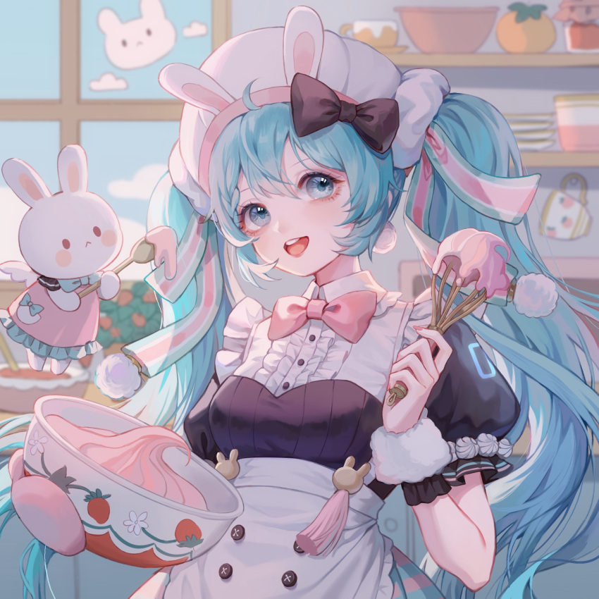 1girl :&lt; angel_wings animal animal_ear_headwear animal_ears apron black_bow black_collar black_shirt black_sleeves blue_eyes blue_hair blue_sky blurry blush_stickers bow bowl bowtie brown_eyes buttons center_frills chef_hat closed_mouth clothed_animal clouds collar collared_dress collared_shirt cowboy_shot cup day dress dress_bow earrings eyelashes fake_animal_ears frilled_apron frilled_dress frilled_shirt_collar frilled_sleeves frills green_bow green_bowtie green_skirt hair_bow hair_ornament hair_scrunchie hat hatsune_miku highres holding holding_bowl holding_spoon holding_whisk icing indoors jewelry jingli_jingli kitchen layered_shirt light_blush long_hair mini_wings mittens multiple_hair_bows nail_polish open_mouth oven_mitts oversized_object pink_bow pink_bowtie pink_dress pink_mittens pink_nails pink_skirt plate pocket pom_pom_(clothes) pom_pom_earrings puffy_short_sleeves puffy_sleeves rabbit rabbit_ears rose_bush scrunchie shelf shirt short_sleeves single_mitten skirt sky smile solid_circle_eyes solo spoon striped_clothes striped_shirt striped_skirt tassel teacup teeth traditional_bowtie twintails two-tone_bow two-tone_skirt upper_teeth_only vertical-striped_clothes vertical-striped_shirt vocaloid whisk white_apron white_headwear white_shirt white_wrist_cuffs window wings wrist_cuffs