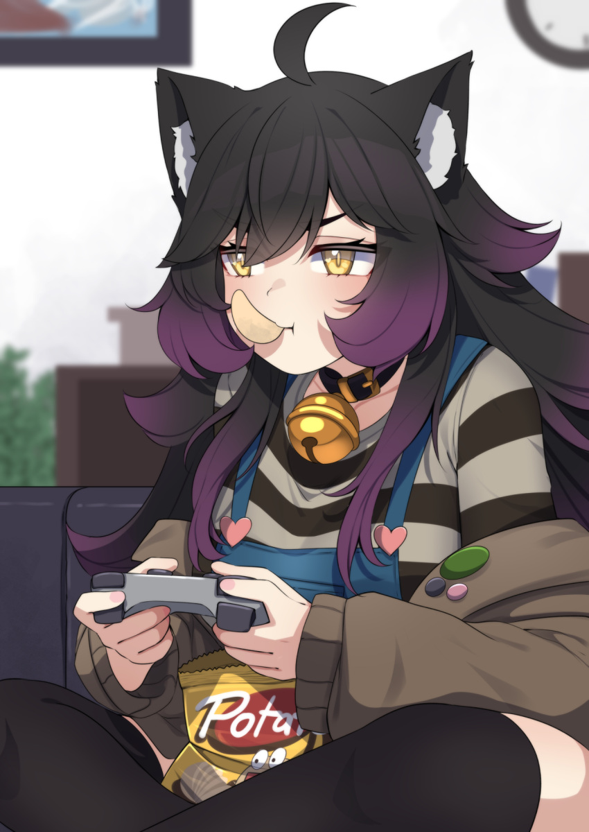 1girl animal_ear_fluff animal_ears antenna_hair bag_of_chips bell black_hair black_thighhighs blurry blurry_background chips_(food) clock controller fleshy_(vtuber) food food_in_mouth game_controller highres holding holding_controller holding_game_controller indie_virtual_youtuber indoors jacket jingle_bell long_sleeves multicolored_hair neck_bell playing_games potato_chips purple_hair shirt sitting solo thigh-highs valefal_coneri virtual_youtuber wolf_ears wolf_girl yellow_eyes
