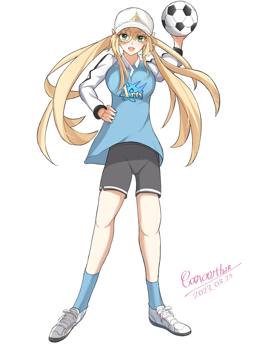 1girl absurdres aged_up artoria_caster_(fate) artoria_pendragon_(fate) arts_shirt ball black_shorts blonde_hair blue_shirt blue_socks breasts caravthir fate/grand_order fate_(series) green_eyes highres large_breasts looking_at_viewer open_mouth shirt shorts signature soccer_ball socks solo twintails white_footwear white_headwear