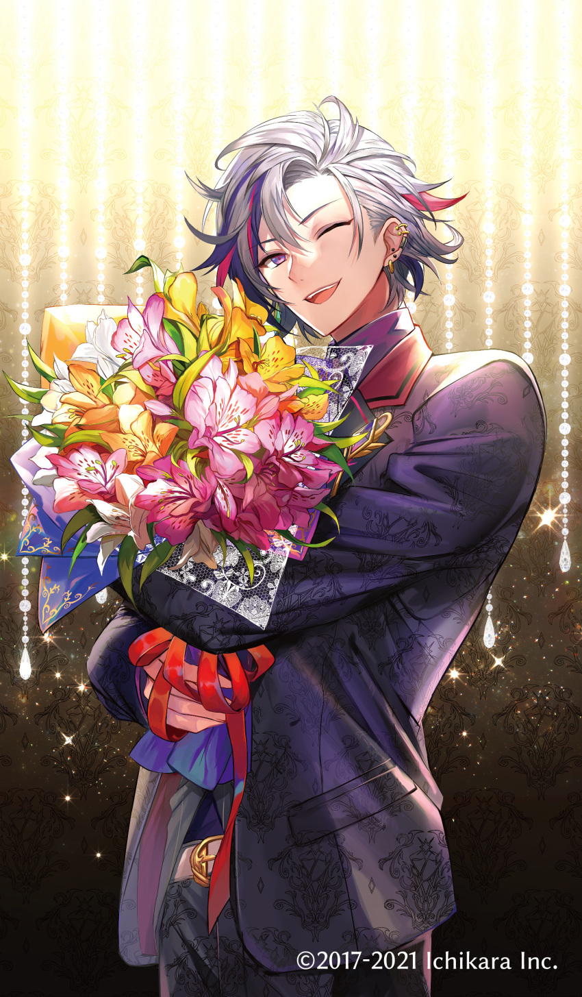 1boy ;d absurdres belt black_jacket black_pants border0715 bouquet copyright_name ear_piercing earrings flower formal fuwa_minato fuwa_minato_(2nd_costume) highres holding holding_bouquet jacket jewelry lights male_focus multicolored_hair nijisanji official_art one_eye_closed open_mouth pants piercing pink_flower pink_hair purple_hair red_ribbon ribbon smile solo sparkle streaked_hair suit teeth tongue upper_teeth_only violet_eyes virtual_youtuber white_belt white_hair yellow_flower