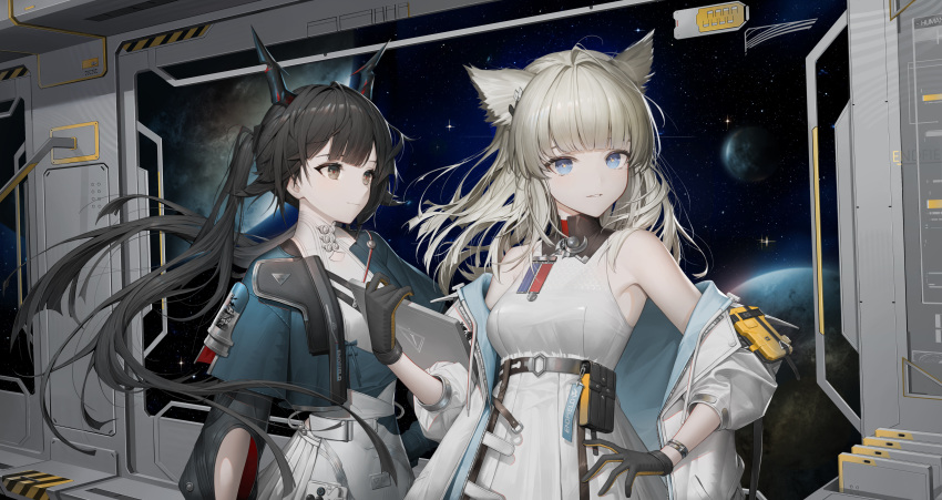 2girls absurdres animal_ears arknights arknights:_endfield bird_ears black_eyes black_gloves black_hair blue_eyes blue_jacket breasts chen_qianyu_(arknights) dragon_girl dragon_horns dress gloves grey_hair hair_ornament hand_on_own_hip highres horns jacket long_hair looking_at_viewer multiple_girls off_shoulder open_clothes open_jacket parted_lips perlica_(arknights) revision skirt sleeveless sleeveless_dress small_breasts smile soho_(user_dphk5745) space spacecraft_interior twintails white_dress white_jacket white_skirt