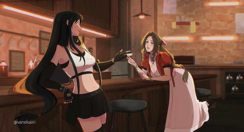 2girls aerith_gainsborough bar_(place) bar_stool bent_over black_hair bow braid braided_ponytail brown_eyes brown_hair crop_top cropped_jacket dress final_fantasy final_fantasy_vii final_fantasy_vii_remake fingerless_gloves gloves green_eyes hair_bow highres jacket leaning_on_table long_hair looking_at_another low-tied_long_hair multiple_girls pink_dress red_jacket smile stool suspenders thigh-highs tifa_lockhart vanekairi