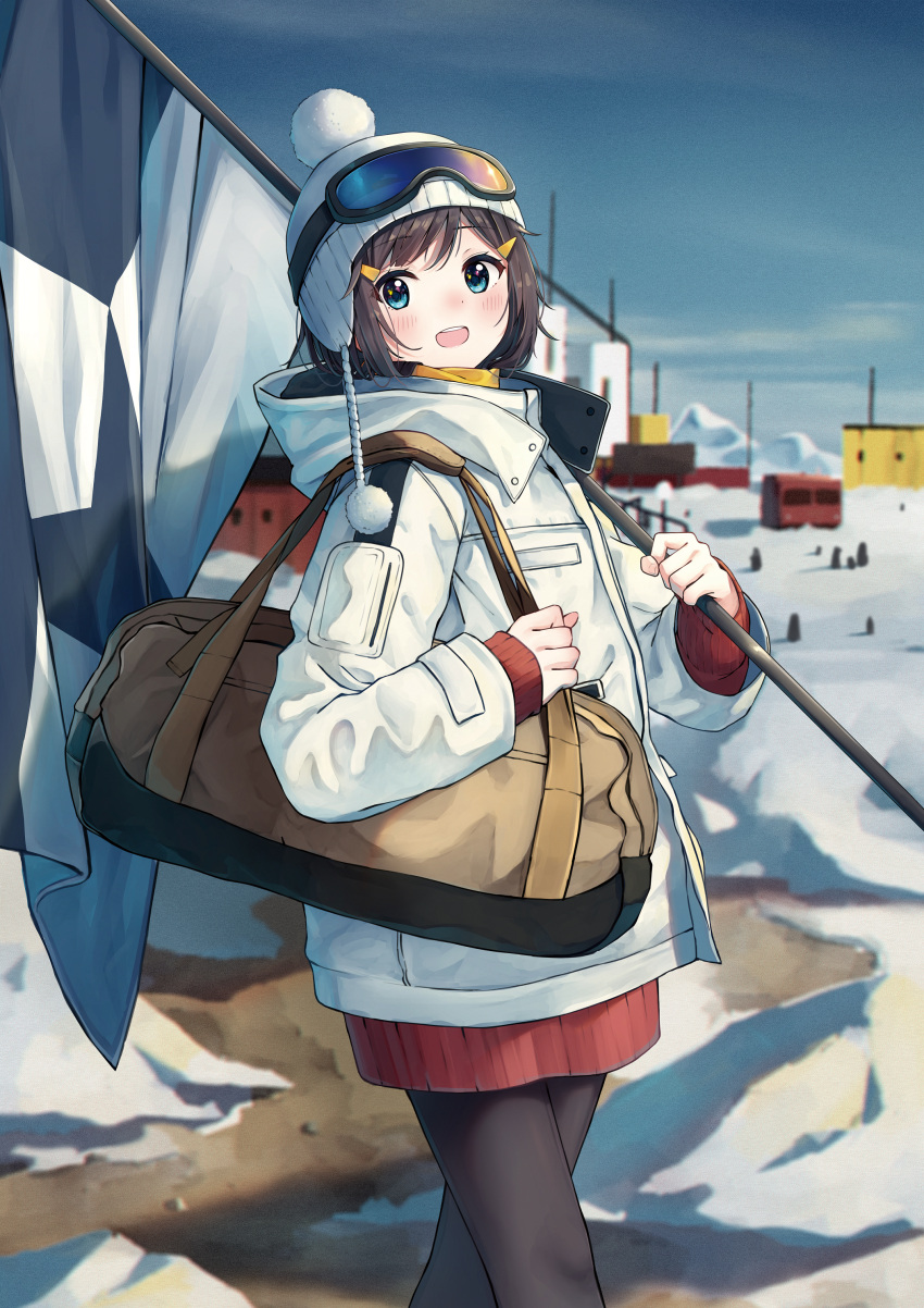 1girl :d absurdres bag beanie black_hair black_pantyhose blue_eyes blue_sky blush clouds day enuni feet_out_of_frame goggles goggles_on_head hair_ornament hairclip hat highres jacket long_sleeves original outdoors pantyhose red_sweater sky sleeves_past_wrists smile snow solo sweater swept_bangs walking white_headwear white_jacket