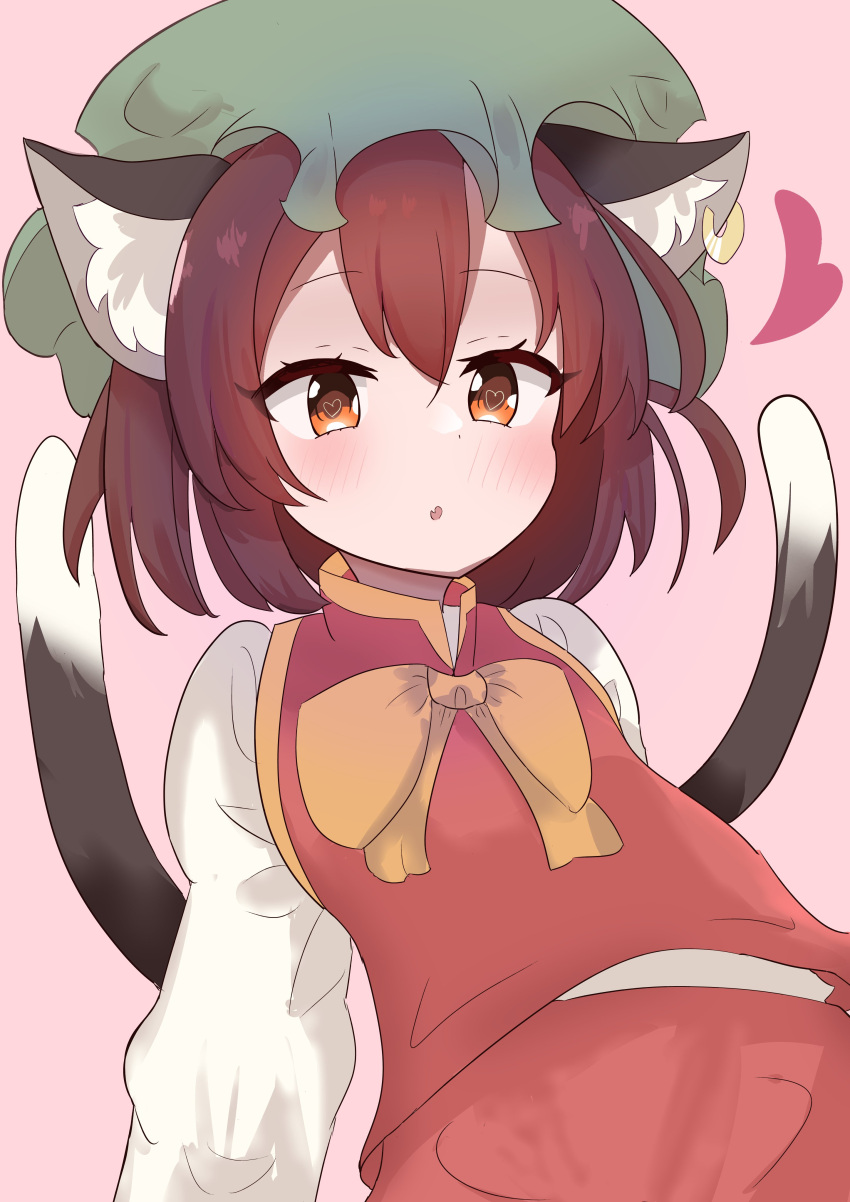 1girl :o absurdres animal_ear_fluff animal_ear_piercing animal_ears blush brown_eyes brown_hair cat_ears cat_tail chen commentary_request dot_nose double-parted_bangs earrings fang flat_chest green_headwear hat heart heart_in_eye highres jewelry leaning_back long_sleeves mob_cap multiple_tails nekomata pink_background puffy_long_sleeves puffy_sleeves red_skirt red_vest short_hair simple_background single_earring skin_fang skirt skirt_set solo sonanoka symbol_in_eye tail touhou two_tails vest