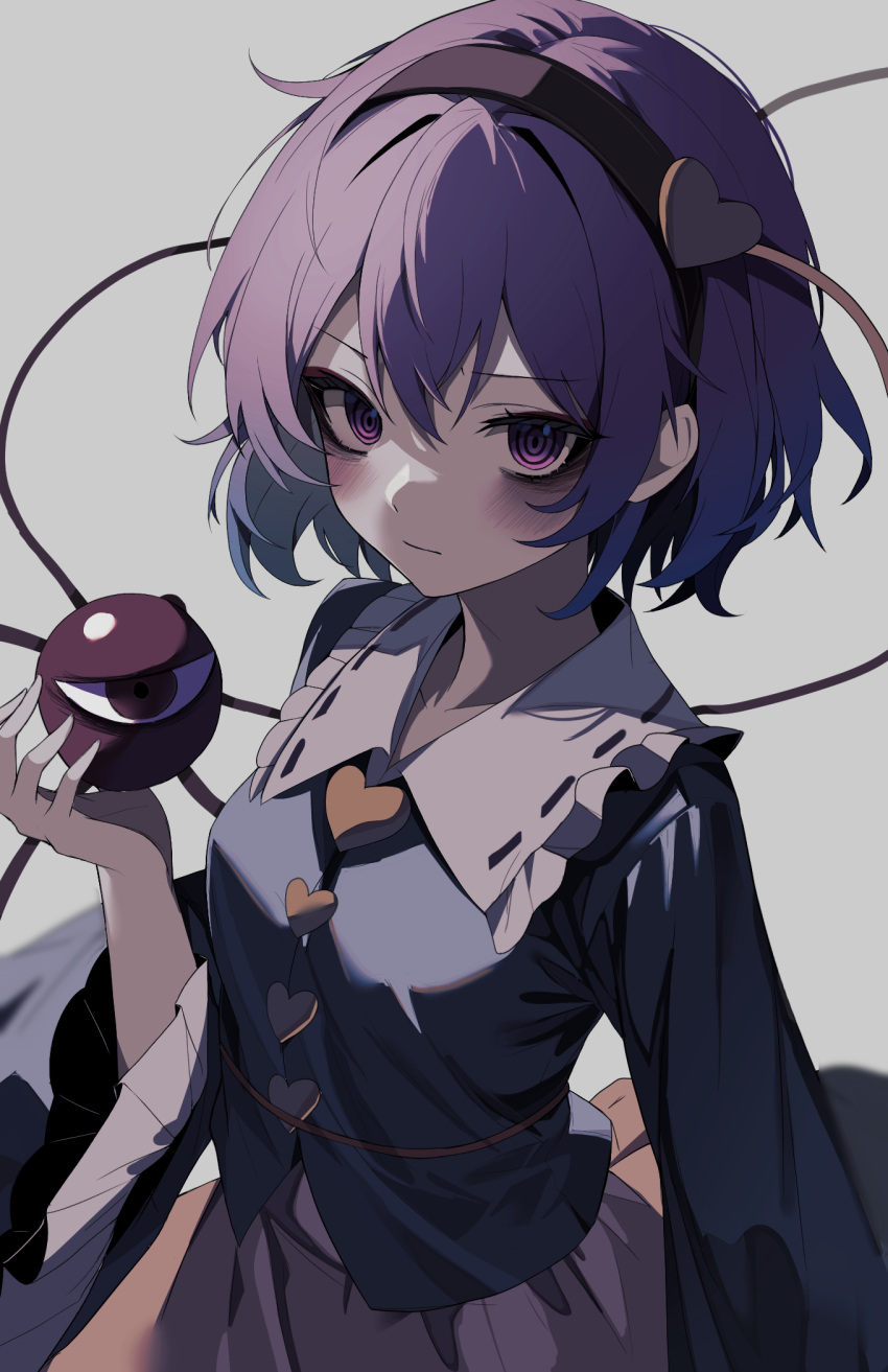 1girl black_hairband blouse blue_shirt blush closed_mouth commentary expressionless frilled_shirt_collar frilled_sleeves frills grey_background hair_between_eyes hair_ornament hairband hand_up heart heart_hair_ornament highres komeiji_satori long_sleeves pink_skirt purple_hair red_eyes ribbon_trim ringed_eyes shirt short_hair simple_background skirt solo third_eye touhou upper_body usuuuv violet_eyes wide_sleeves