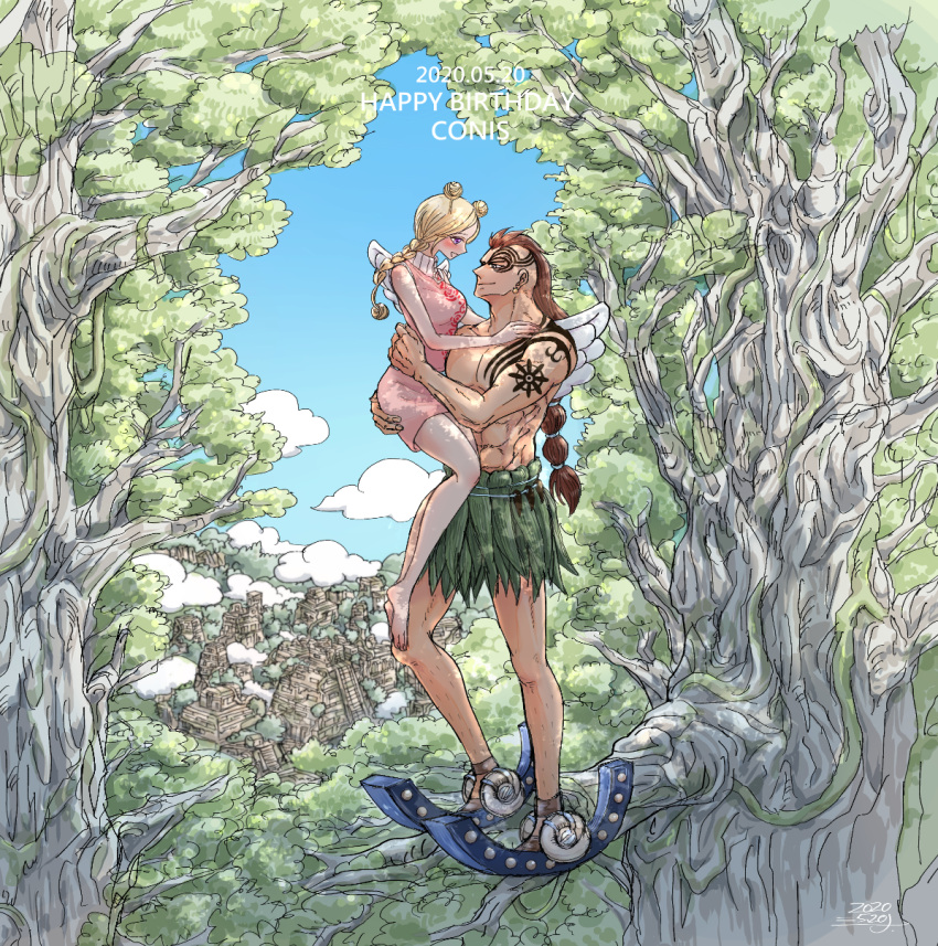1boy 1girl arm_tattoo blonde_hair braid braided_ponytail carrying clouds conis_(one_piece) dated dress facial_tattoo happy_birthday highres looking_at_another muscular muscular_male on_tree one_piece pink_dress profile shina_(ooo417ooo) sky smile tattoo topless_male tree wings wyper_(one_piece)