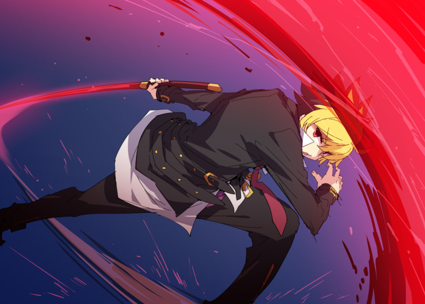 1boy belt black_hair blonde_hair holding holding_sword holding_weapon kido_hyde male_focus multicolored_hair open_mouth petenshi_(dr._vermilion) red_eyes solo swinging sword two-tone_hair under_night_in-birth weapon