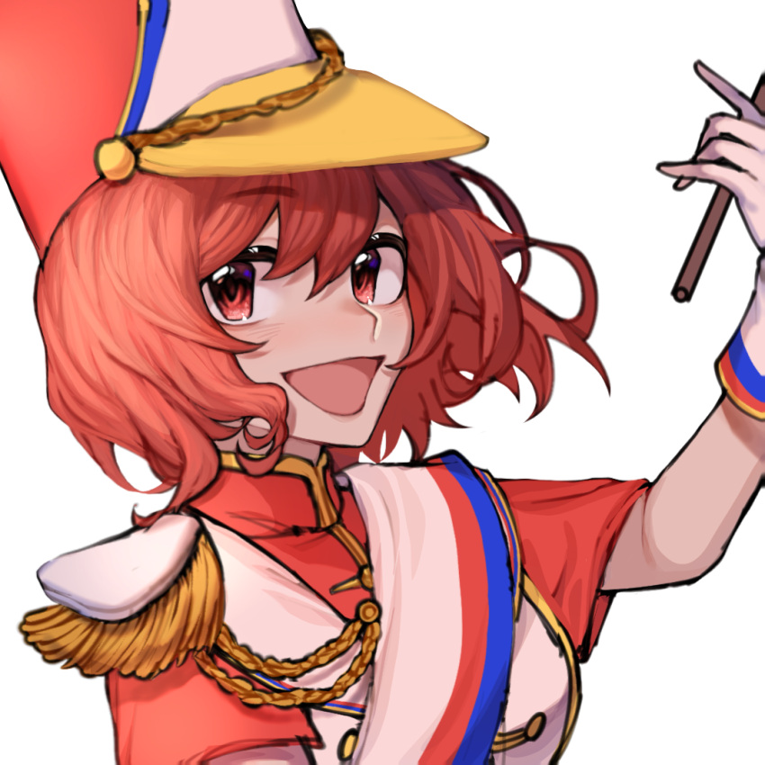 1girl :d band_uniform breasts chinese_commentary commentary_request drumsticks gloves hat holding holding_drumsticks horikawa_raiko horikawa_raiko_(prism_march_snare) medium_breasts multicolored_clothes multicolored_headwear open_mouth red_eyes red_shirt redhead sash shako_cap shirt short_hair simple_background smile solo touhou touhou_lost_word vest white_background white_gloves white_sash white_vest xianyujunzhimiyingla