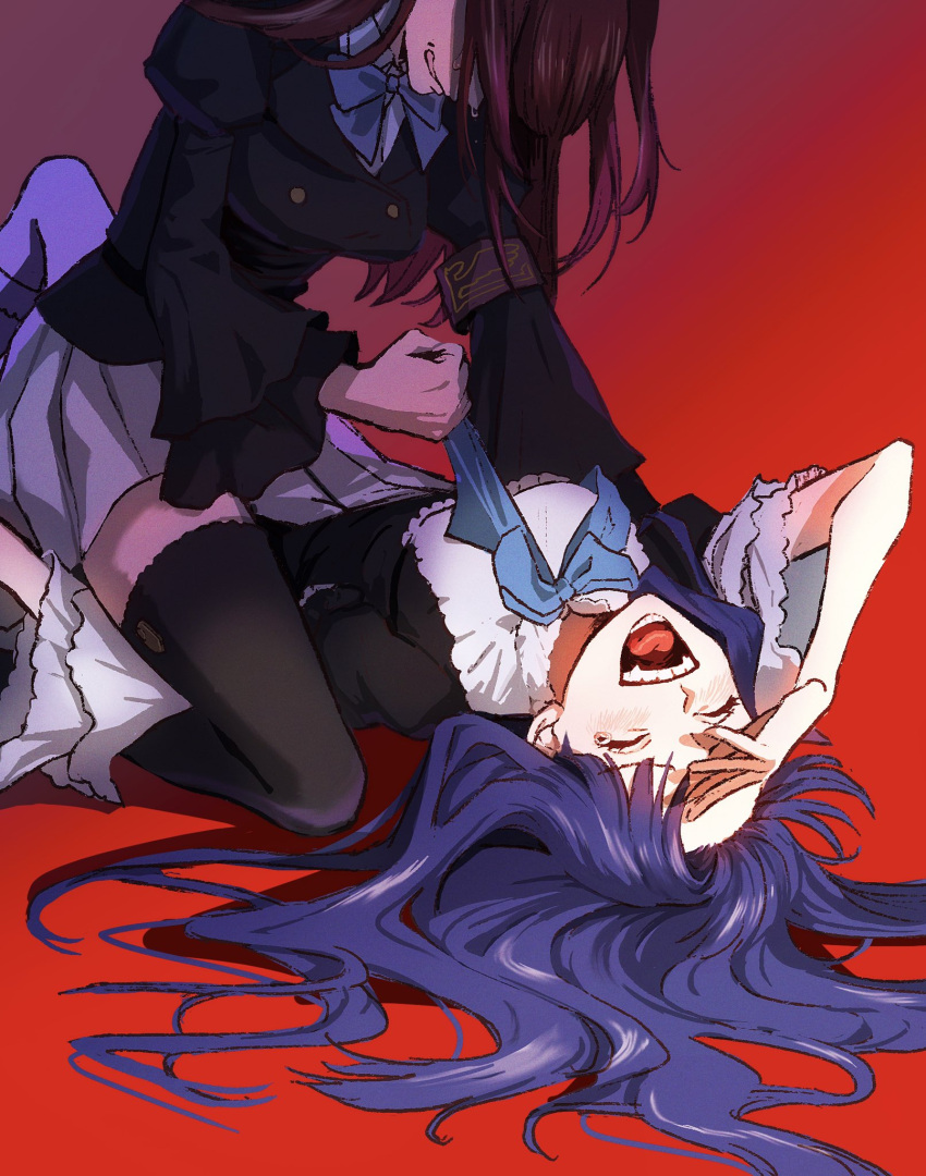 2girls angry armband black_thighhighs blue_hair bow breasts clenched_hand clenched_teeth closed_eyes dress fighting frederica_bernkastel frilled_sleeves frills girl_on_top hair_over_face highres holding laughing layered_dress layered_sleeves lolita_fashion long_hair long_sleeves medium_breasts multiple_girls nasu_(nasuotabe) open_mouth pleated_skirt puffy_long_sleeves puffy_sleeves red_background redhead simple_background skirt small_breasts smile straddling tearing_up teeth thigh-highs tongue umineko_no_naku_koro_ni ushiromiya_ange white_skirt