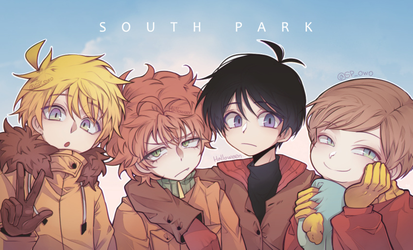 4boys arm_around_shoulder black_hair blonde_hair blue_eyes brown_hair copyright_name eric_cartman fang fang_out frown fur-trimmed_hood fur_trim gloves halloween_(owo) hand_on_own_cheek hand_on_own_face hat high_collar holding holding_clothes holding_hat hood jacket jitome kenny_mccormick kyle_broflovski looking_at_viewer male_focus multiple_boys open_mouth orange_hair parka short_hair smile south_park stan_marsh unworn_hat unworn_headwear v v-shaped_eyebrows violet_eyes