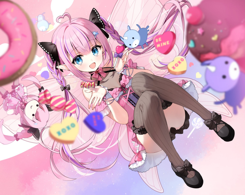 1girl :d ahoge artist_request black_footwear black_thighhighs blue_eyes blurry blurry_foreground bow braid brooch butterfly_wings candy chibi choppy_bangs doughnut dress earrings food full_body hair_ornament hairclip heart heart_ahoge heart_brooch heart_earrings highres insect_wings jewelry kokoromo_memory looking_at_viewer multicolored_hair phase_connect pink_bow pink_dress pink_hair pointy_ears purple_hair sidelocks sitting smile streaked_hair thigh-highs twin_braids twintails two-tone_hair valentine virtual_youtuber wings wrist_cuffs xo