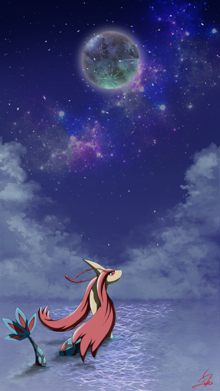 animal_focus artist_name clouds colored_sclera commentary full_moon highres looking_at_viewer looking_back milotic moon night no_humans numeito ocean outdoors partially_submerged pokemon pokemon_(creature) purple_sky red_sclera scenery signature sky solo star_(sky) starry_sky water white_eyes wide_shot