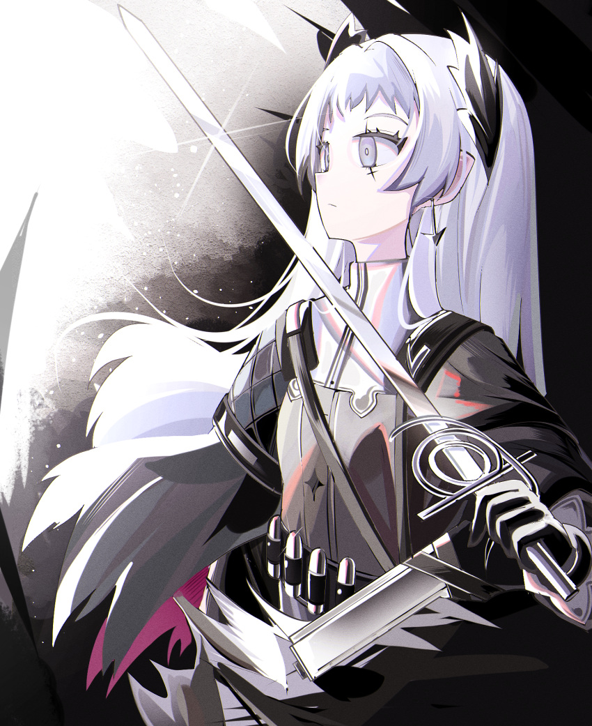 1girl arknights black_gloves black_jacket black_skirt closed_mouth floating_hair gloves grey_eyes grey_hair hair_intakes highres holding holding_sword holding_weapon irene_(arknights) jacket long_hair long_sleeves pointy_ears puffy_long_sleeves puffy_sleeves skirt solo spam_(spamham4506) sword very_long_hair weapon