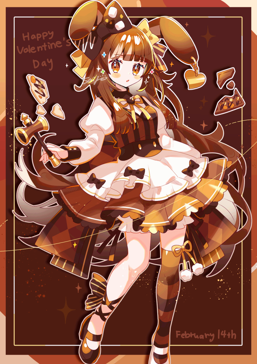 1girl :o animal_ear_piercing animal_ears apron bow brown_background brown_footwear brown_hair brown_shirt brown_skirt brown_thighhighs chocolate commentary dated full_body hair_bow hammer happy_valentine highres holding holding_hammer inset_border long_hair looking_at_viewer original outline patterned_background puffy_sleeves rabbit_ears saijo1201 shirt single_thighhigh skirt sparkle striped_clothes striped_thighhighs thigh-highs very_long_hair white_apron white_sleeves yellow_bow yellow_eyes