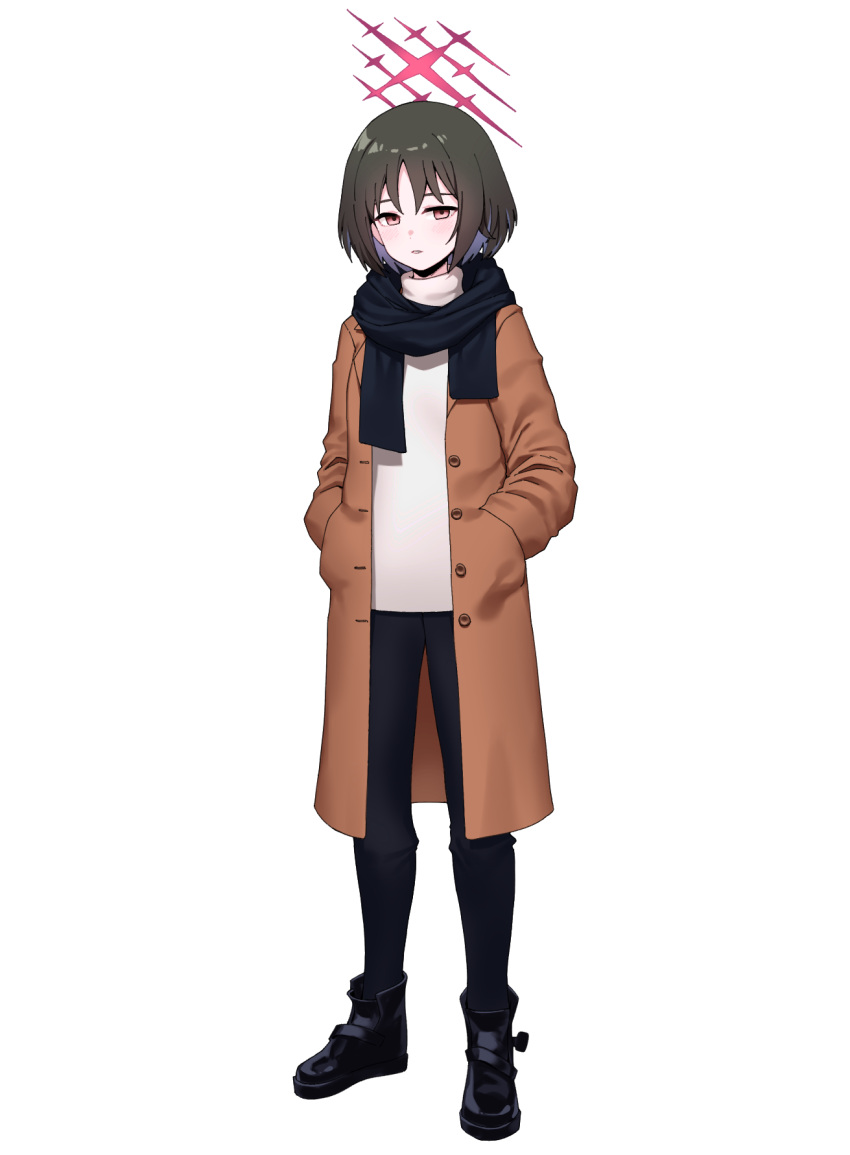 1girl artpatient black_footwear black_hair black_pants black_scarf blue_archive blush boots brown_coat coat full_body halo highres long_sleeves looking_at_viewer misaki_(blue_archive) open_clothes open_coat pants parted_lips red_eyes red_halo scarf short_hair simple_background solo sweater turtleneck turtleneck_sweater white_background white_sweater