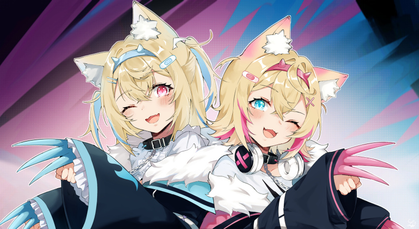 2girls abstract_background animal_ear_fluff animal_ears aqua_eyes bandaid bandaid_hair_ornament belt_collar blonde_hair blue_hair blush collar dog_ears english_commentary fang fur-trimmed_jacket fur_trim fuwawa_abyssgard hair_ornament headphones headphones_around_neck highres hololive hololive_english jacket long_sleeves looking_at_viewer lucferz medium_hair mococo_abyssgard multicolored_hair multiple_girls one_eye_closed open_mouth paw_pose pink_eyes pink_hair skin_fang smile streaked_hair two_side_up upper_body variant_set virtual_youtuber wide_sleeves x_hair_ornament