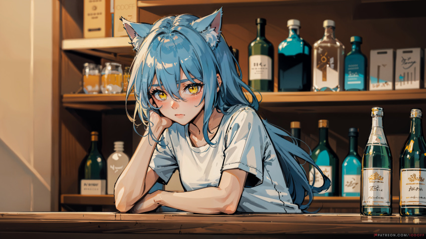 1girl absurdres ai-assisted aina_(iodoff) alcohol animal_ear_fluff animal_ears arm_support artist_name bar_(place) blue_hair blurry blurry_background blush bottle breasts cat_ears cat_girl closed_mouth counter elbow_rest extra_ears hair_behind_ear hair_between_eyes hand_on_own_face head_rest highres indoors iodoff light_blue_hair long_hair looking_at_viewer making-of_available original paid_reward_available patreon_logo patreon_username shelf shirt short_sleeves sidelocks sitting small_breasts solo t-shirt table upper_body white_shirt yellow_eyes